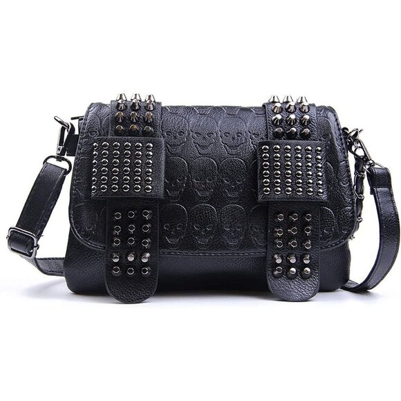Black Leather Skull Crossbody Bag Chain Gothic Shoulder Biker Rocker Studded NWT - Picture 2 of 11